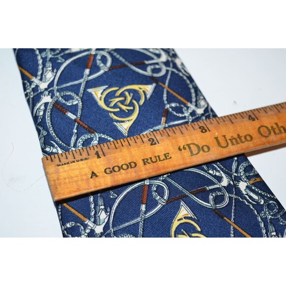 Vintage Hermes Blue Gold Equestrian? Tie 100% Silk Made in France - Picture 3 of 9